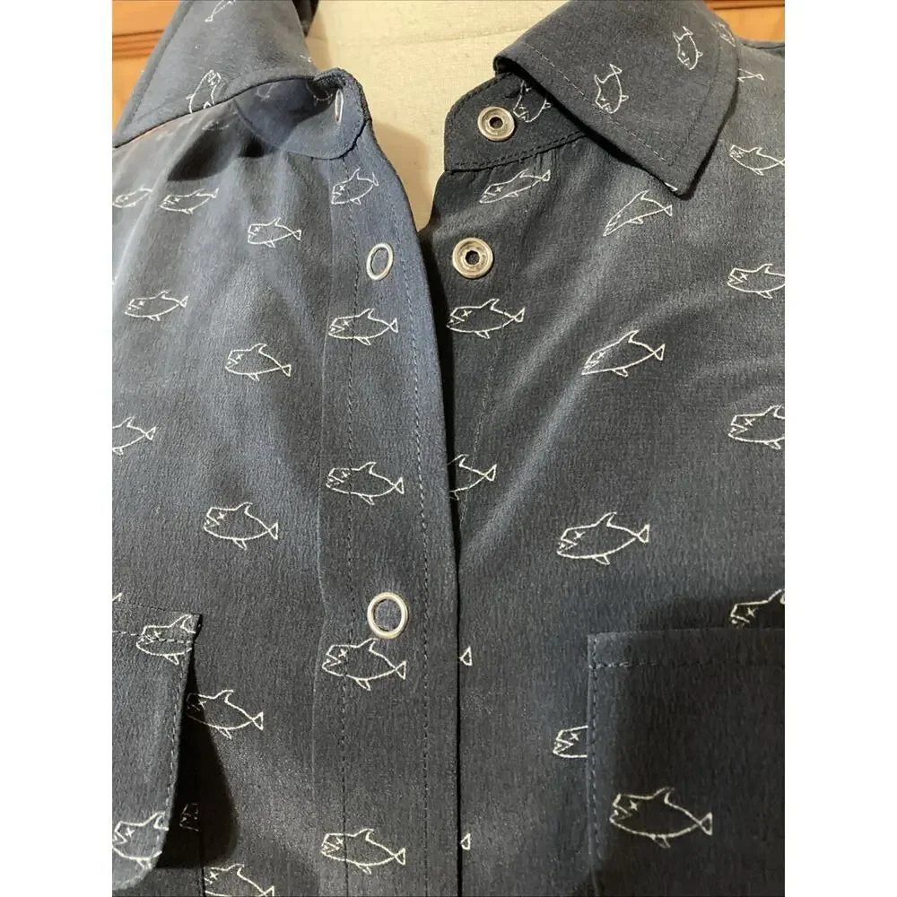 Adriano Goldschmied‎ Alena Silk Shirt Women's Sz L Navy Snap Fish Shark Print - Picture 7 of 11